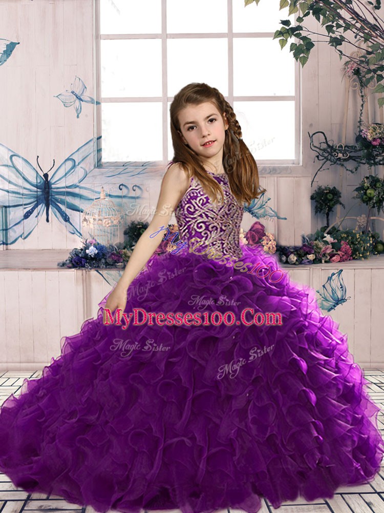 Most Popular Scoop Sleeveless Lace Up Little Girl Pageant Dress Eggplant Purple Organza
