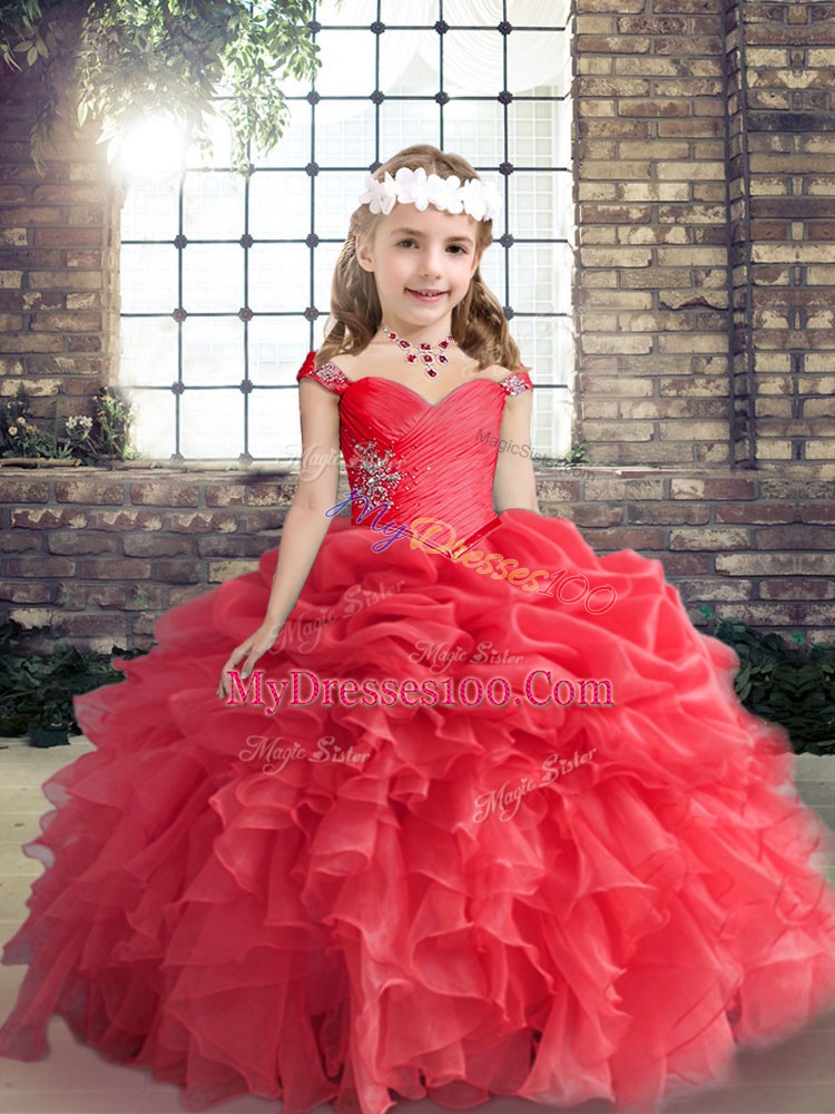 Superior Sleeveless Organza Floor Length Lace Up Little Girl Pageant Gowns in Red with Beading