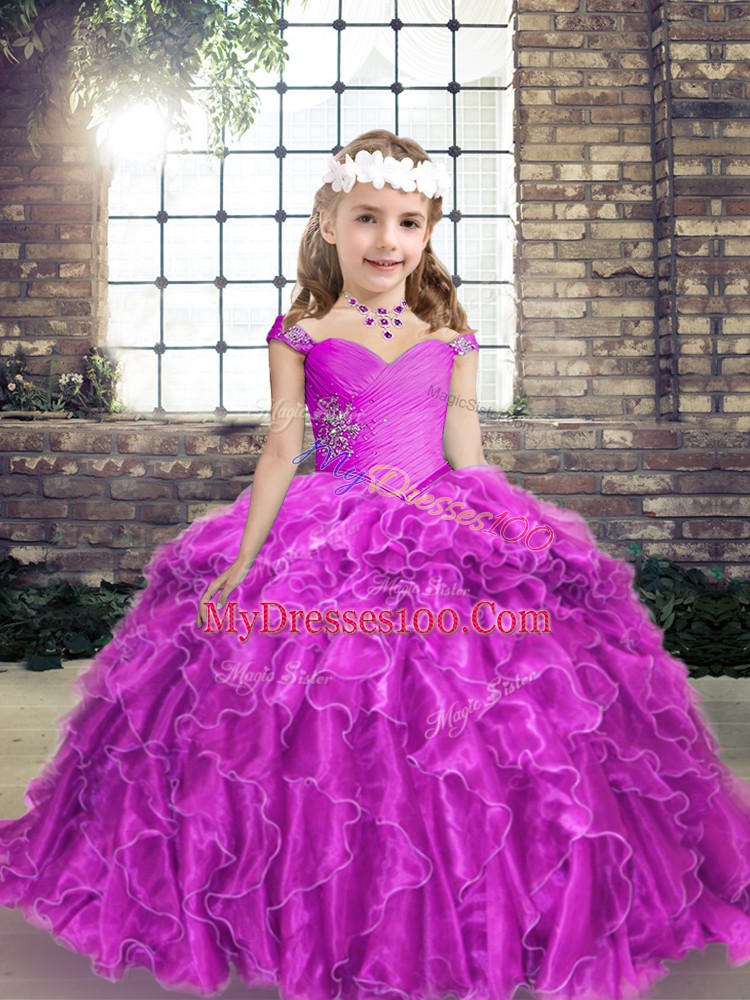 Sweet Organza Sleeveless Floor Length Pageant Gowns For Girls and Beading and Ruffles