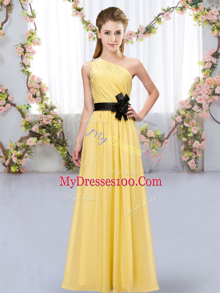 Floor Length Gold Quinceanera Dama Dress Chiffon Sleeveless Belt