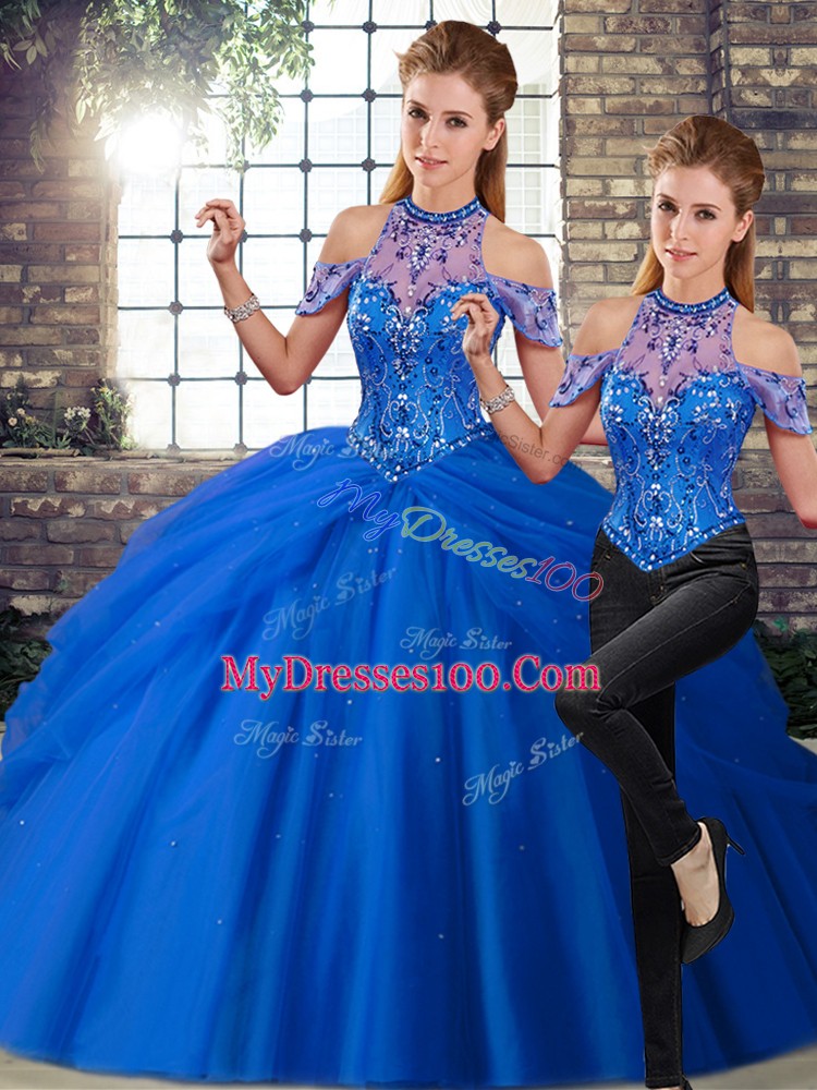 Fancy Tulle Halter Top Sleeveless Brush Train Lace Up Beading and Pick Ups Sweet 16 Quinceanera Dress in Blue