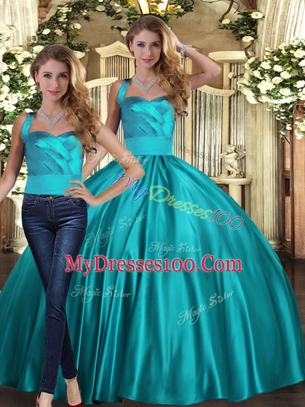 Floor Length Lace Up Sweet 16 Quinceanera Dress Teal for Military Ball and Sweet 16 and Quinceanera with Ruching
