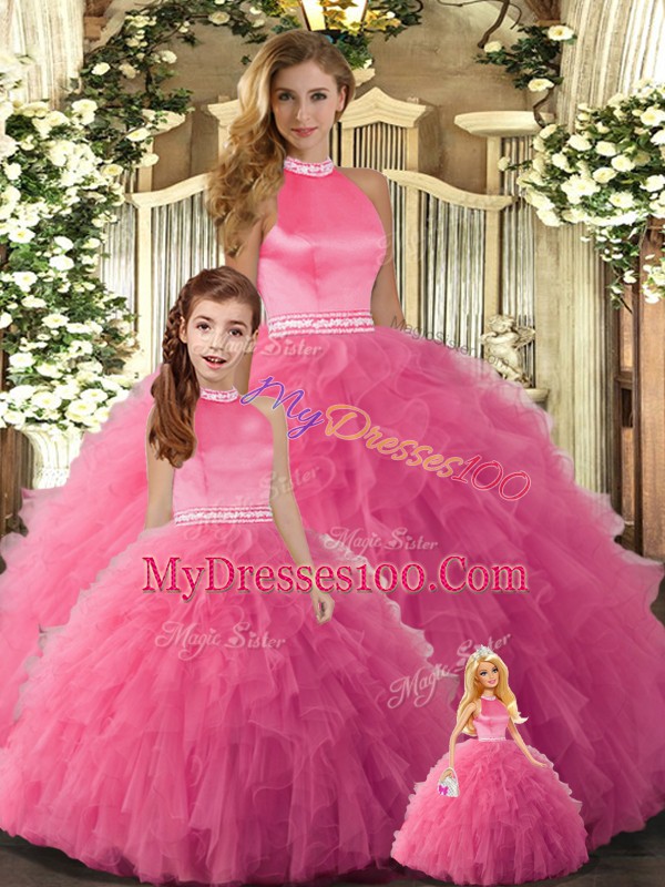 Hot Pink 15 Quinceanera Dress Sweet 16 and Quinceanera with Beading and Ruffles Halter Top Sleeveless Backless