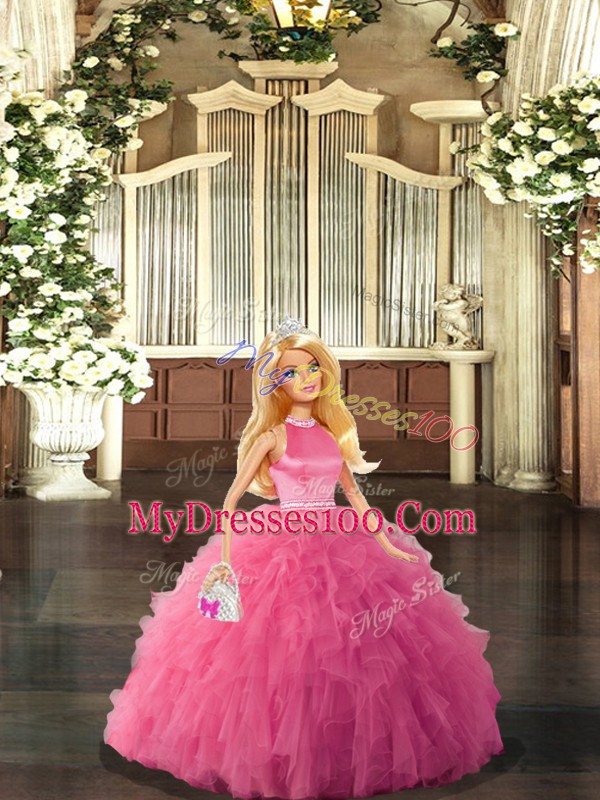 Hot Pink 15 Quinceanera Dress Sweet 16 and Quinceanera with Beading and Ruffles Halter Top Sleeveless Backless