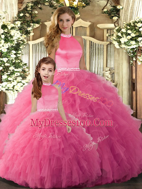 Hot Pink 15 Quinceanera Dress Sweet 16 and Quinceanera with Beading and Ruffles Halter Top Sleeveless Backless