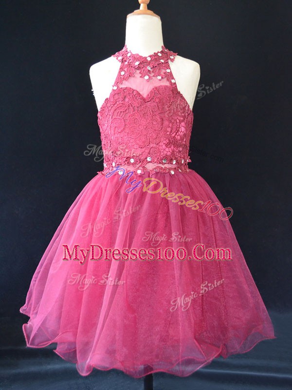 Dramatic Mini Length Hot Pink Glitz Pageant Dress Halter Top Sleeveless Lace Up
