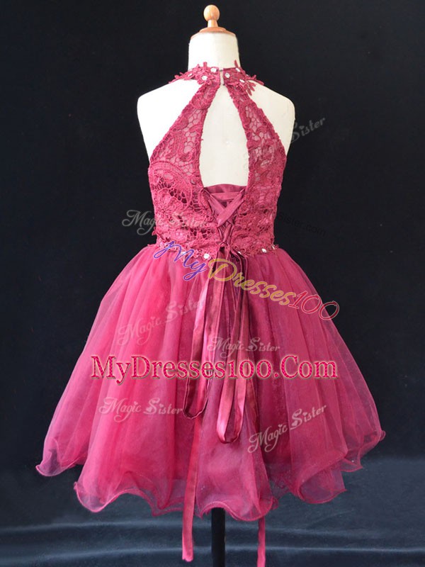 Dramatic Mini Length Hot Pink Glitz Pageant Dress Halter Top Sleeveless Lace Up