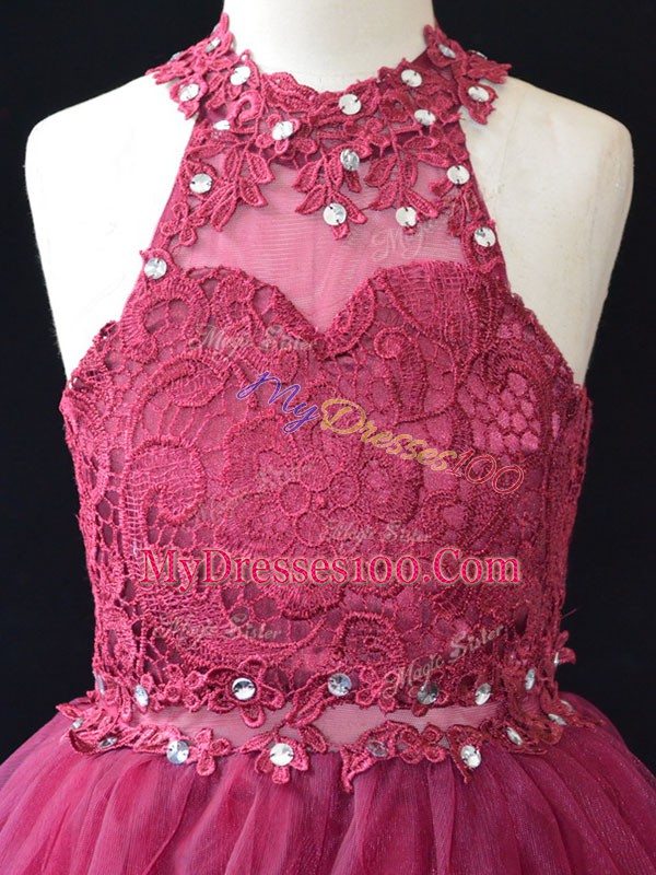 Dramatic Mini Length Hot Pink Glitz Pageant Dress Halter Top Sleeveless Lace Up