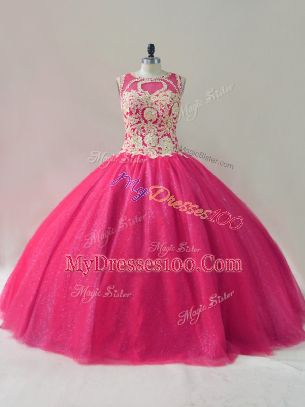 Modest Hot Pink Quinceanera Gown Sweet 16 and Quinceanera with Appliques Scoop Sleeveless Lace Up