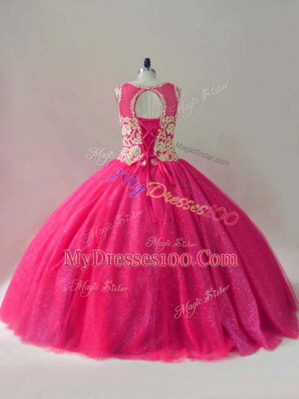 Modest Hot Pink Quinceanera Gown Sweet 16 and Quinceanera with Appliques Scoop Sleeveless Lace Up