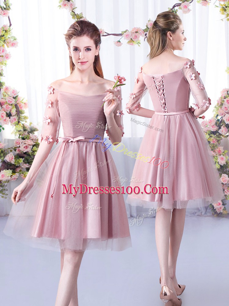Gorgeous Pink Off The Shoulder Neckline Belt Dama Dress Half Sleeves Lace Up