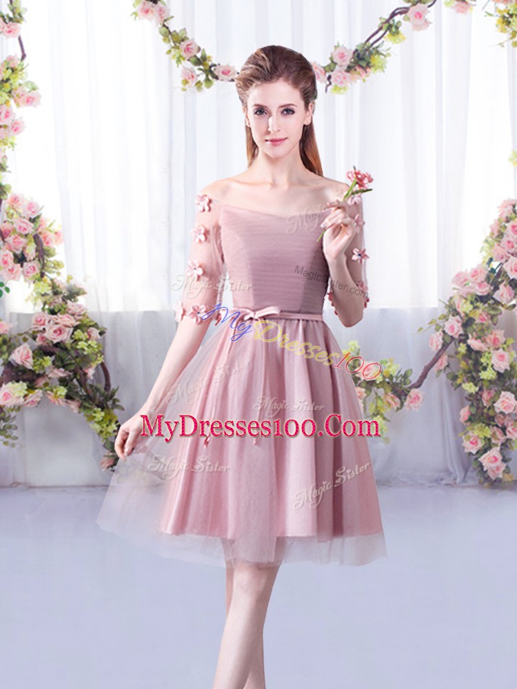 Gorgeous Pink Off The Shoulder Neckline Belt Dama Dress Half Sleeves Lace Up