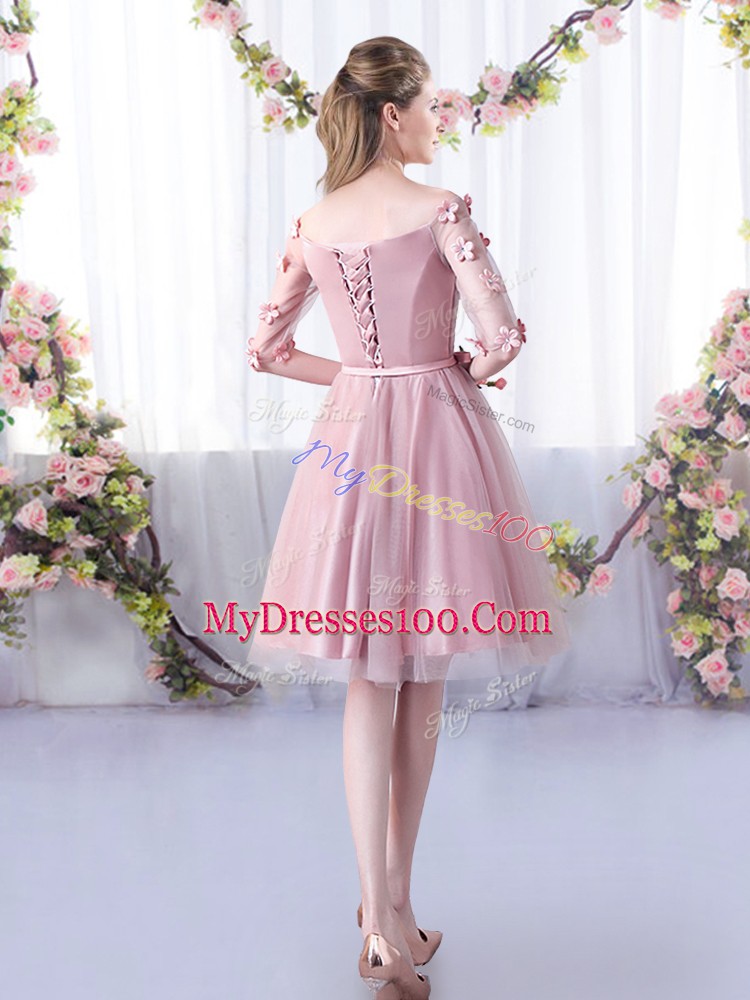 Gorgeous Pink Off The Shoulder Neckline Belt Dama Dress Half Sleeves Lace Up