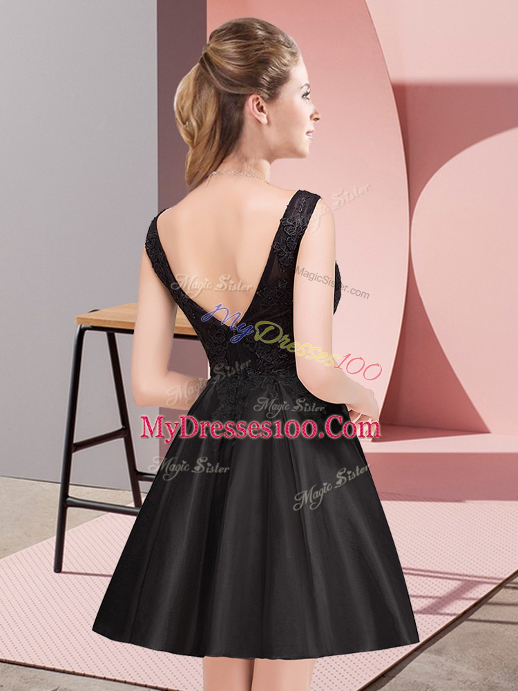 Satin Scoop Sleeveless Zipper Lace Quinceanera Court of Honor Dress in Black