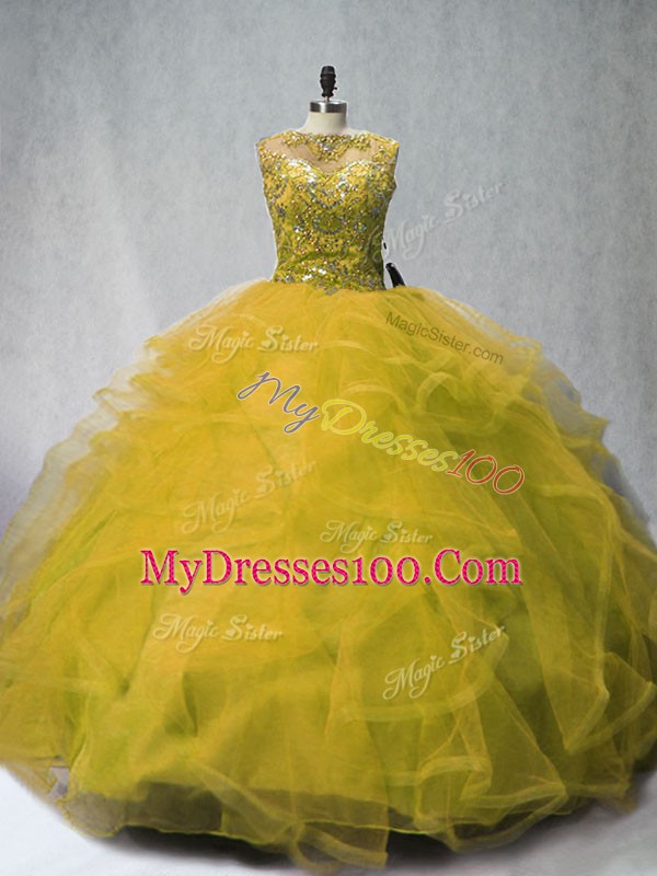 Olive Green Sleeveless Tulle Court Train Lace Up 15 Quinceanera Dress for Sweet 16 and Quinceanera
