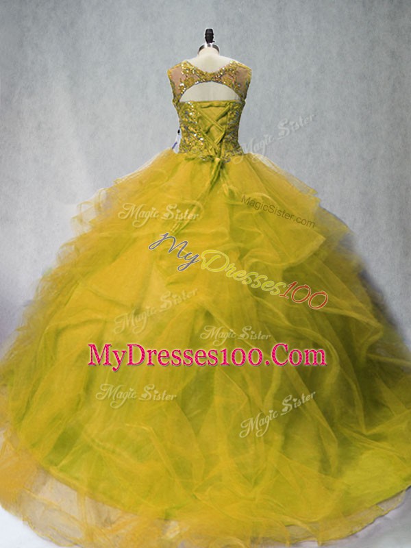 Olive Green Sleeveless Tulle Court Train Lace Up 15 Quinceanera Dress for Sweet 16 and Quinceanera