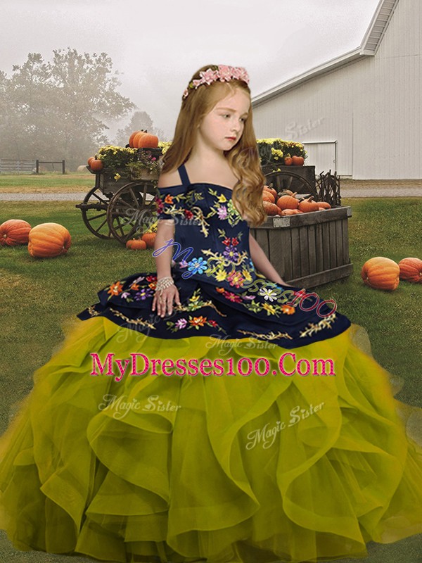 Floor Length Olive Green Little Girl Pageant Gowns Organza Sleeveless Embroidery and Ruffles