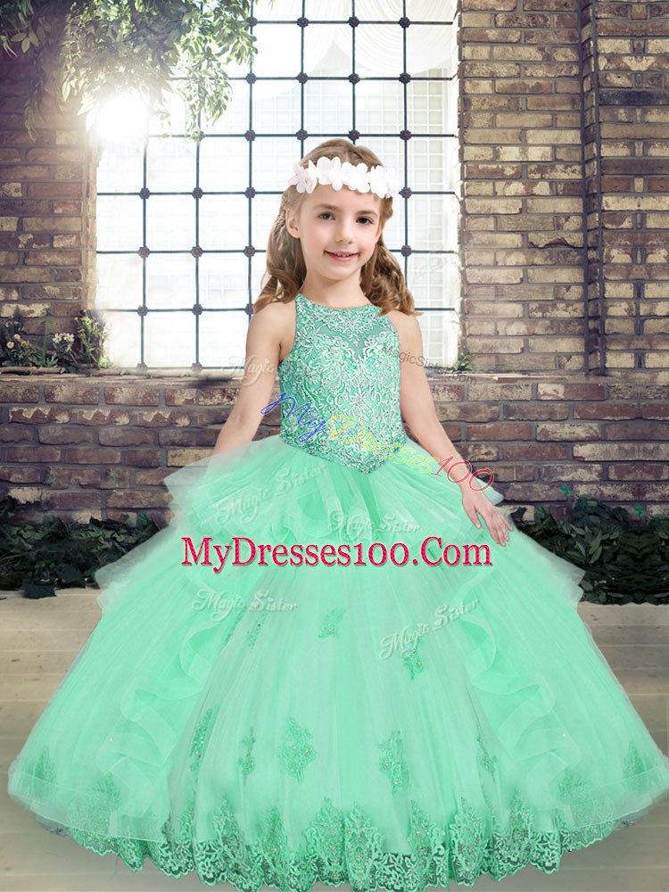 Graceful Ball Gowns Little Girls Pageant Dress Apple Green Scoop Tulle Sleeveless Floor Length Lace Up