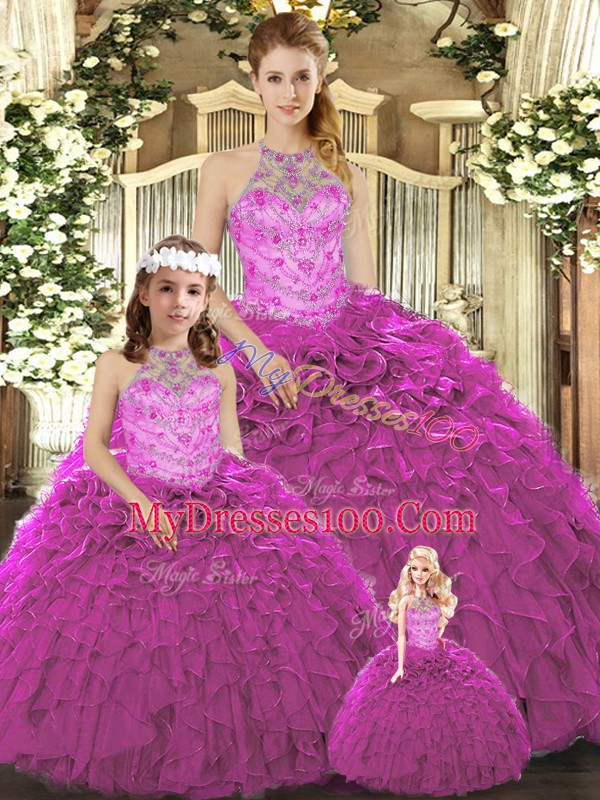 Customized Fuchsia Organza Lace Up 15 Quinceanera Dress Sleeveless Floor Length Beading and Ruffles