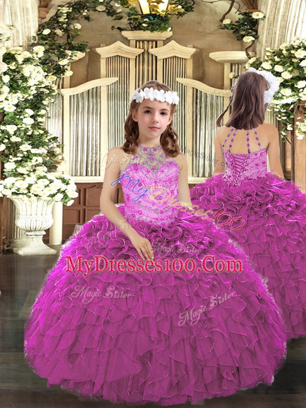 Customized Fuchsia Organza Lace Up 15 Quinceanera Dress Sleeveless Floor Length Beading and Ruffles