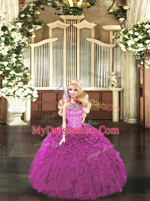 Customized Fuchsia Organza Lace Up 15 Quinceanera Dress Sleeveless Floor Length Beading and Ruffles