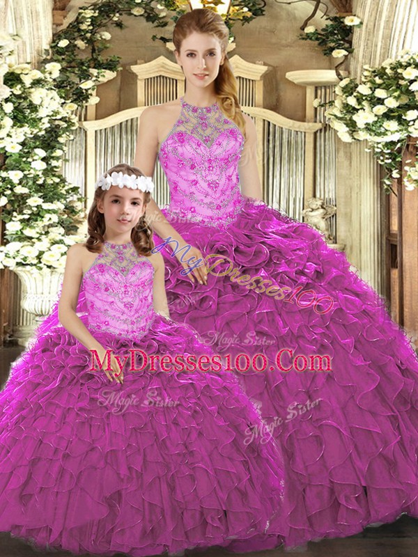 Customized Fuchsia Organza Lace Up 15 Quinceanera Dress Sleeveless Floor Length Beading and Ruffles