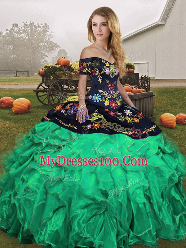 High End Green Quinceanera Gowns Military Ball and Sweet 16 and Quinceanera with Embroidery and Ruffles Off The Shoulder Sleeveless Lace Up