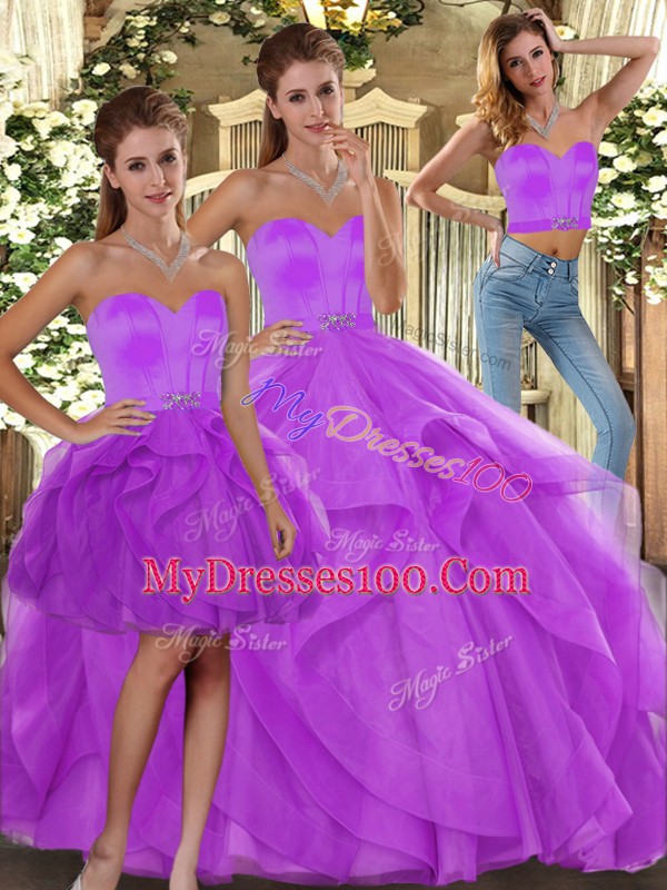Sumptuous Lilac Sweetheart Lace Up Beading and Ruffles Sweet 16 Dress Sleeveless