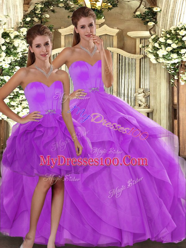 Sumptuous Lilac Sweetheart Lace Up Beading and Ruffles Sweet 16 Dress Sleeveless