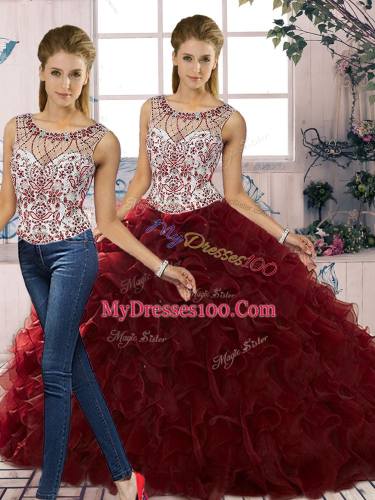 Attractive Floor Length Burgundy Sweet 16 Dresses Scoop Sleeveless Lace Up