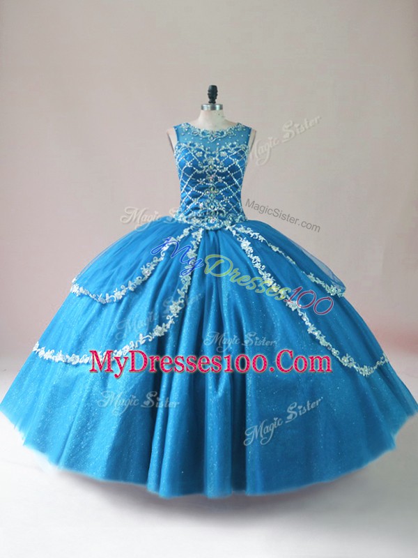 Cute Blue Ball Gowns Beading and Appliques Quinceanera Gowns Lace Up Tulle Sleeveless Floor Length