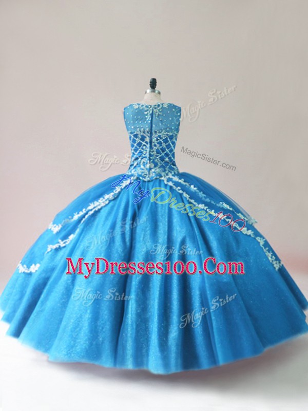 Cute Blue Ball Gowns Beading and Appliques Quinceanera Gowns Lace Up Tulle Sleeveless Floor Length