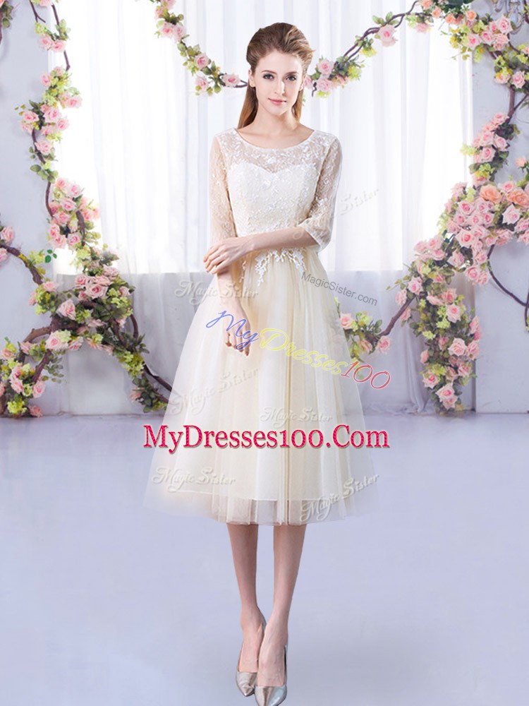 Elegant Champagne Half Sleeves Lace Tea Length Court Dresses for Sweet 16
