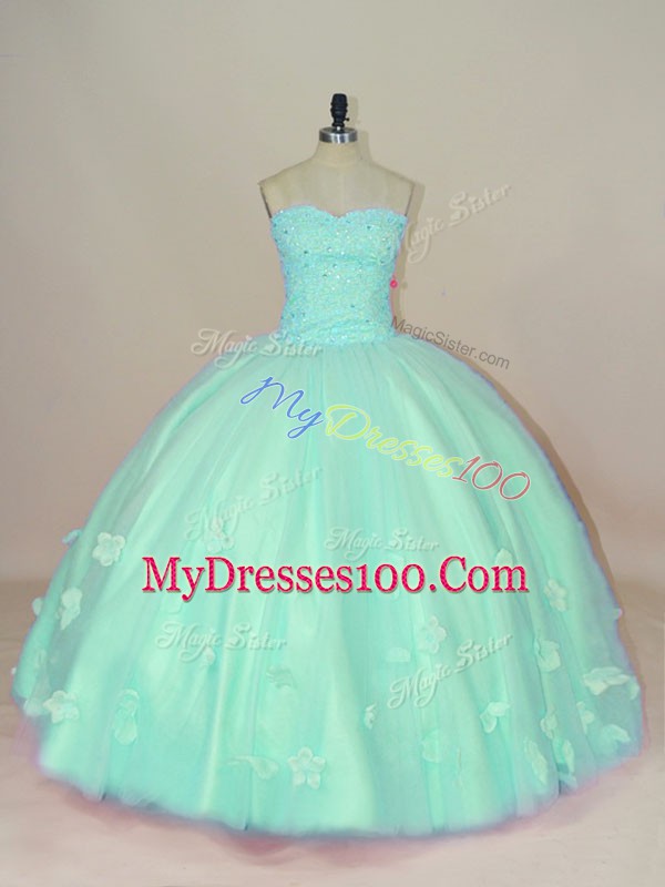 Wonderful Apple Green Ball Gowns Tulle Sweetheart Sleeveless Hand Made Flower Floor Length Lace Up Quinceanera Dress