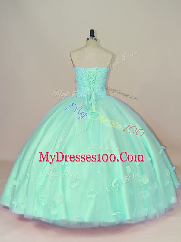 Wonderful Apple Green Ball Gowns Tulle Sweetheart Sleeveless Hand Made Flower Floor Length Lace Up Quinceanera Dress
