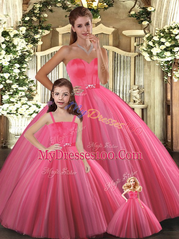 Sleeveless Floor Length Beading Lace Up Vestidos de Quinceanera with Coral Red