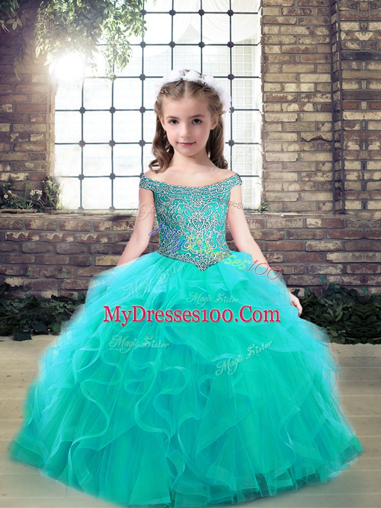 Aqua Blue Sleeveless Floor Length Beading and Ruffles Lace Up Pageant Gowns For Girls