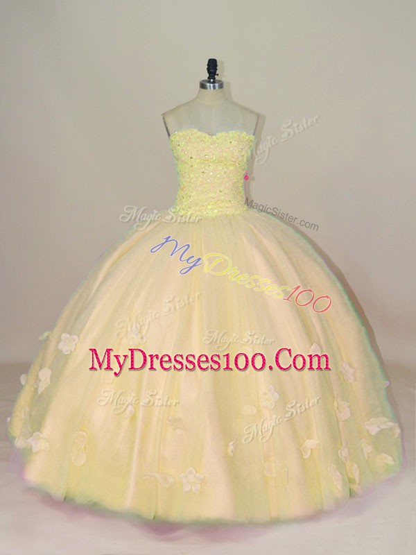 Peach Sleeveless Floor Length Beading and Hand Made Flower Lace Up Quinceanera Gown