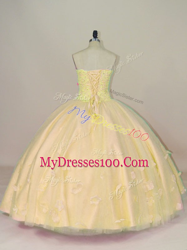 Peach Sleeveless Floor Length Beading and Hand Made Flower Lace Up Quinceanera Gown