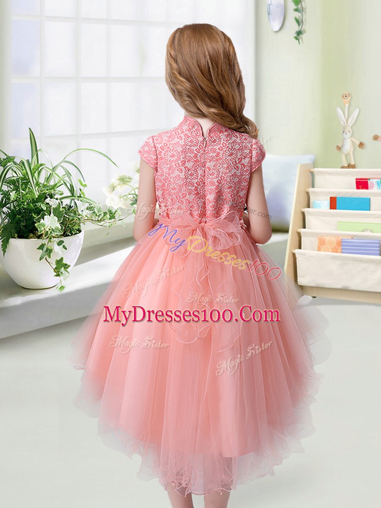 Romantic Lace and Hand Made Flower Toddler Flower Girl Dress Peach Zipper Cap Sleeves High Low