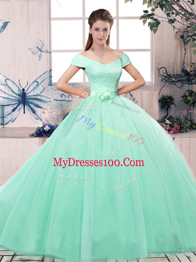 Apple Green Tulle Lace Up Off The Shoulder Short Sleeves Floor Length Quinceanera Gown Lace and Hand Made Flower