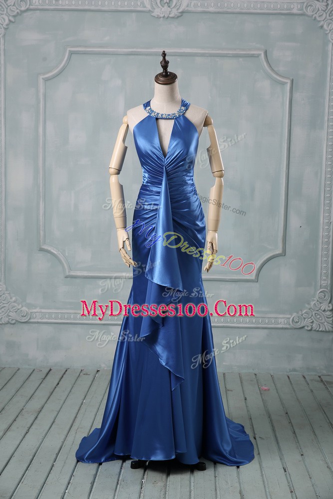 Gorgeous Halter Top Sleeveless Elastic Woven Satin Prom Dresses Beading and Ruching Brush Train Criss Cross