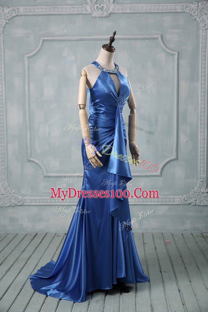 Gorgeous Halter Top Sleeveless Elastic Woven Satin Prom Dresses Beading and Ruching Brush Train Criss Cross