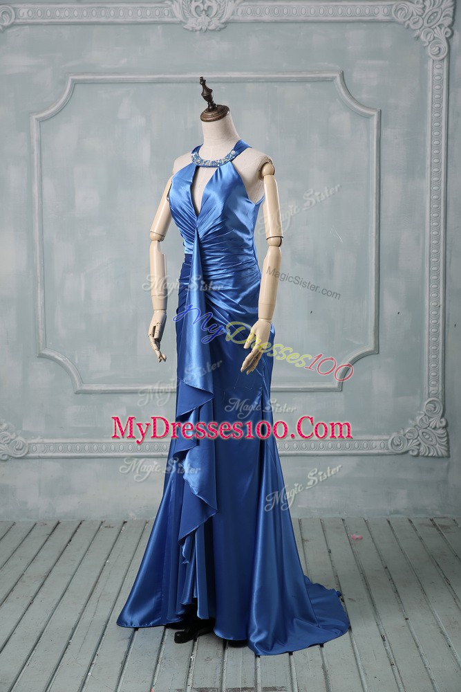 Gorgeous Halter Top Sleeveless Elastic Woven Satin Prom Dresses Beading and Ruching Brush Train Criss Cross