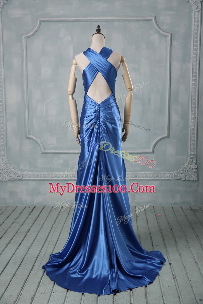 Gorgeous Halter Top Sleeveless Elastic Woven Satin Prom Dresses Beading and Ruching Brush Train Criss Cross