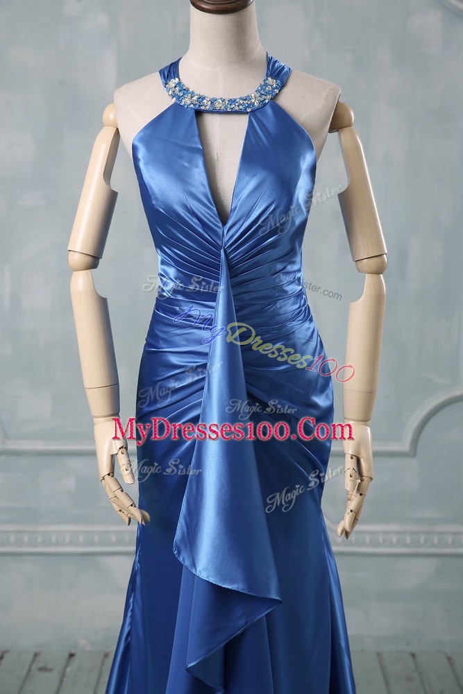 Gorgeous Halter Top Sleeveless Elastic Woven Satin Prom Dresses Beading and Ruching Brush Train Criss Cross