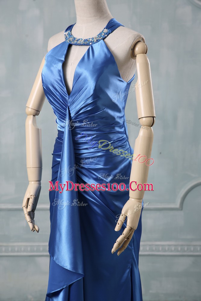 Gorgeous Halter Top Sleeveless Elastic Woven Satin Prom Dresses Beading and Ruching Brush Train Criss Cross