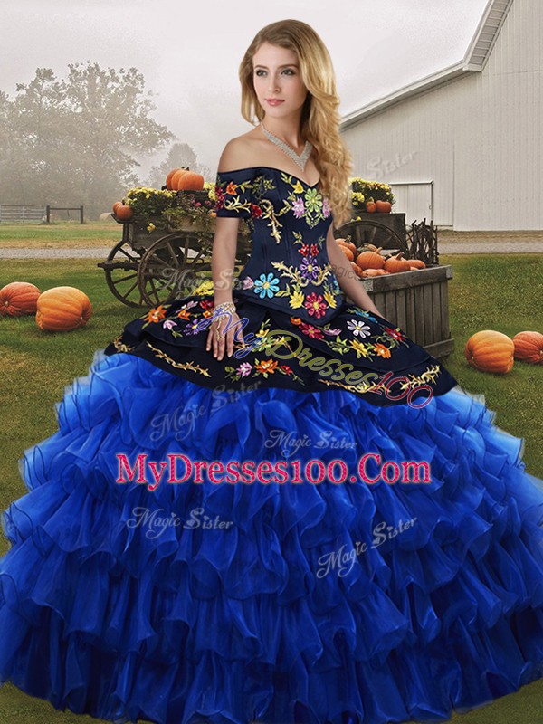 Blue And Black Quinceanera Gown Military Ball and Sweet 16 and Quinceanera with Embroidery and Ruffled Layers Off The Shoulder Sleeveless Lace Up
