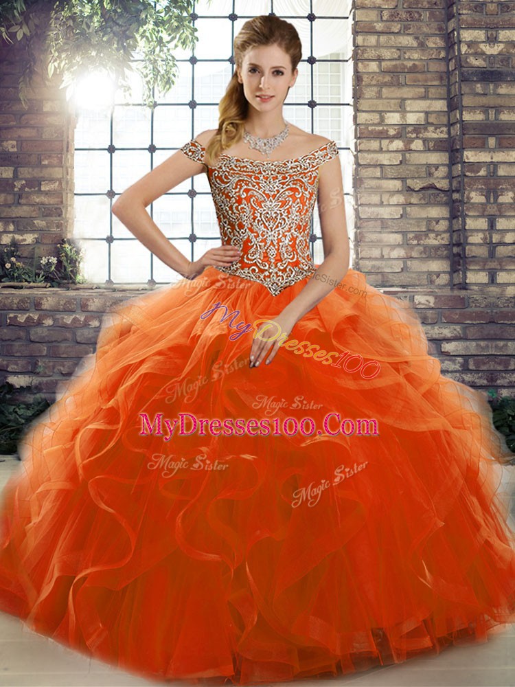Orange Red Ball Gown Prom Dress Tulle Brush Train Sleeveless Beading and Ruffles