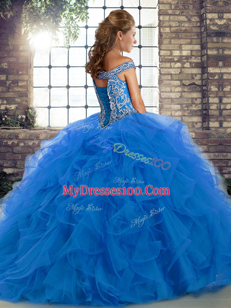 Orange Red Ball Gown Prom Dress Tulle Brush Train Sleeveless Beading and Ruffles